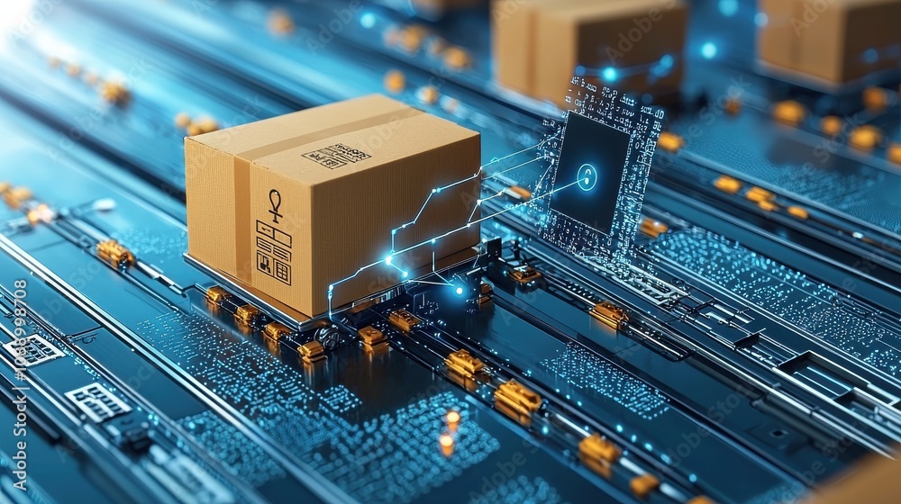 Poster Efficient shipment processing optimizing conveyor belt systems for standardized box handling in modern warehouses