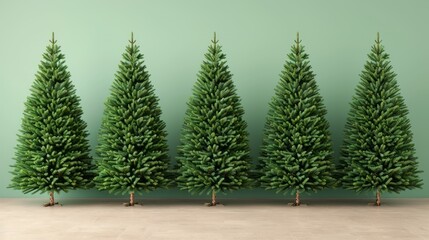 Obraz premium Five lush green Christmas trees stand in a row against a pale green wall.