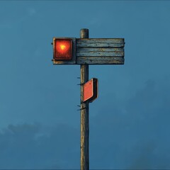 Red Light and Weathered Wooden Signs on a Post