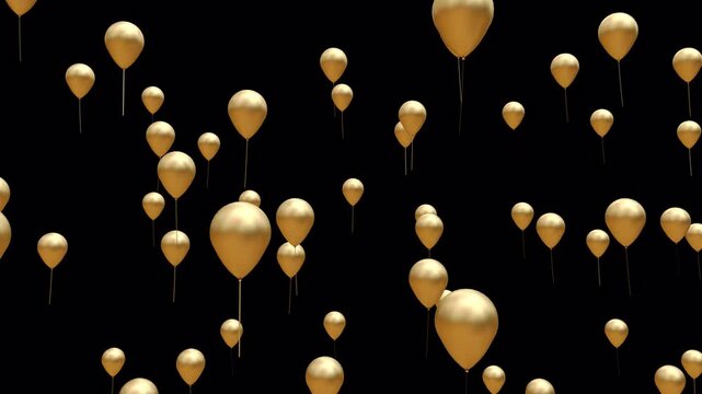 3D Animation of Gold Balloons on Transparent Alpha Background