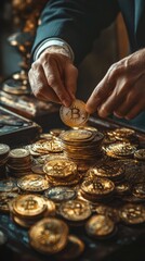 Professional hand placing gold coins with bitcoin at desk
