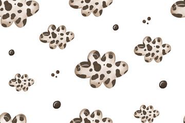 Newborn pattern with clouds and cow black and white print. Hand drawn seamless pattern for child birth. Baby born black and white background. Sky