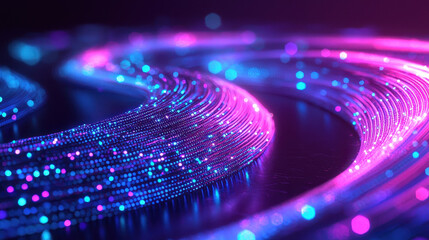 Vibrant abstract tunnel with glowing metallic wires in purple and blue hues, creating mesmerizing visual effect. dynamic flow of light evokes sense of energy and movement