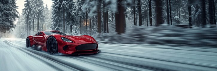 Sports car driving at high speed on a highway, park or country road. Winter snowy. Modern Futuristic design Concept car. poster invitation flyer event  banner header website web. Generative AI content