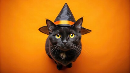 Spooky Black Cat in Witch Hat for Halloween Celebration on Vivid Orange Background with Ample Copy Space for Text or Messages
