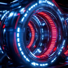 Obraz premium Futuristic Abstract Visual with Glowing Circular Elements in Red and Blue Light, Representing Technology, Innovation, and Digital Concepts in a Dark Background