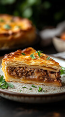 Slice of traditional tourtière with flaky crust and parsley garnish