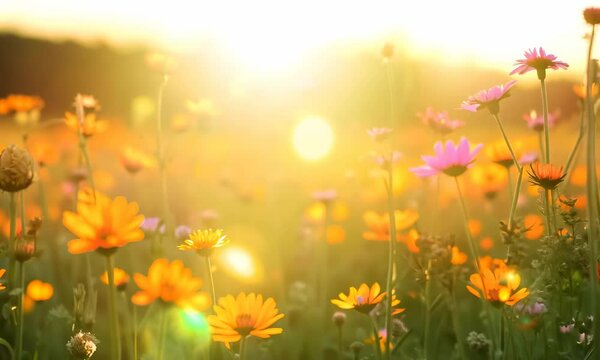 Colorful flower meadow with sunbeams and bokeh lights in summer