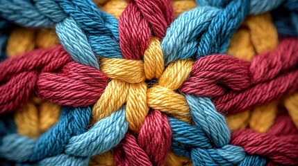 Colorful close-up of an intricate woven rope texture, showcasing vibrant reds, blues, and yellows intertwined in a detailed pattern.