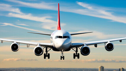 Naklejka premium Create a vector In which a white colored airplane photo of a white airplane flying in the blue sky with clouds, banner for a web design or travel company, wide format, copy space concept, 