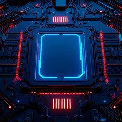 Fototapeta premium Futuristic Circuit Board Design with Blue and Red Neon Lights, High-Tech Background for Digital Art, Gaming, and Technology Concepts