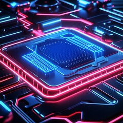 Futuristic Circuit Board Design with Neon Glow and Technological Elements for Conceptual Digital Innovation and Technology Background