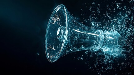 Glowing Glass Megaphone Projecting Shattering Sound Waves Symbolizing Transparency and Truth in Communication
