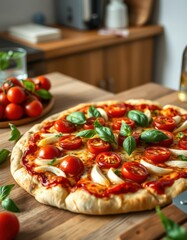 Homemade margherita pizza with fresh basil and cherry tomatoes sits on a kitchen counter