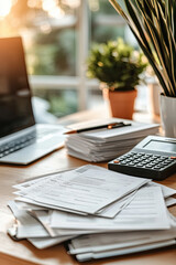 Stack of invoices and calculator on an office desk