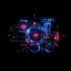 Futuristic Digital Camera Lens with Abstract Neon Glow and Geometric Shapes in Dark Background for Creative Technology and Photography Concepts