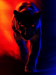 A sleek black panther walking forward, partially illuminated by deep blue and orange neon lights, with glowing eyes and a background of dark, vibrant neon gradients.