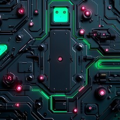 Fototapeta premium Futuristic Digital Circuit Board with Neon Lights, Abstract Technology Background Featuring Vibrant Green and Red Elements, Ideal for Tech-Related Designs and Concepts