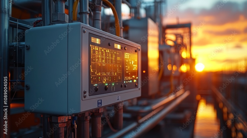 Poster a control panel displays data and metrics in an industrial setting during sunset. the facility showc
