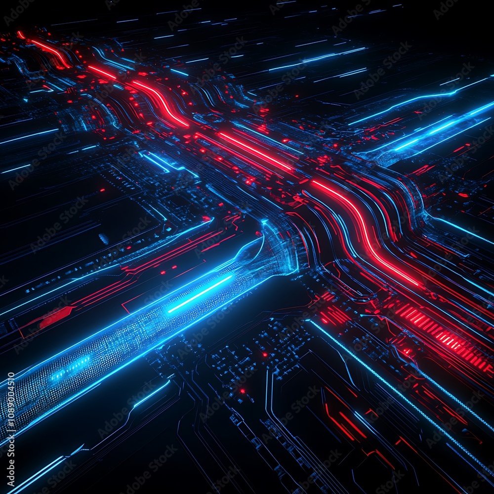 Poster futuristic digital intersection with neon lights and circuit patterns creating a high-tech atmospher