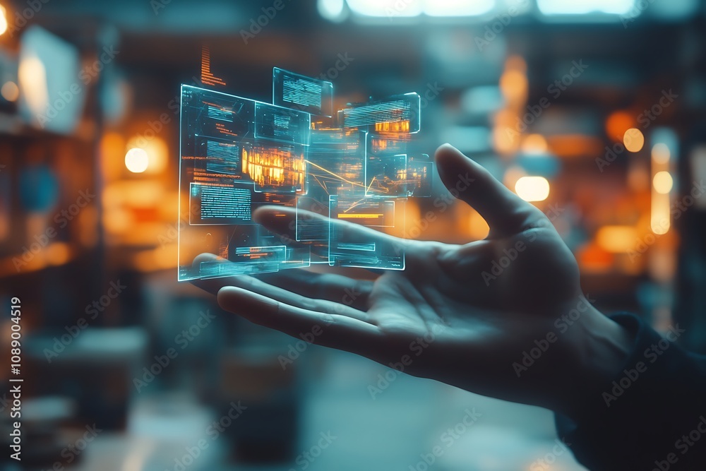 Wall mural digital innovation: a futuristic hand holding a holographic interface of data and code. exploring th