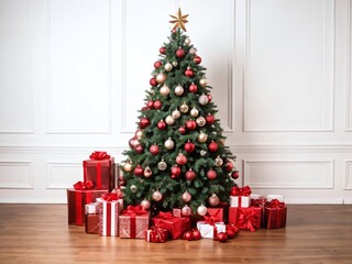 Festive Christmas tree adorned with decorations and surrounded by red gift boxes in a cozy indoor setting