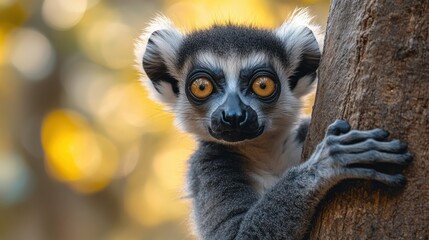 Lemur holding tree with wide eyes, curious expression, close-up wildlife portrait, nature background, outdoors, unique primate, natural habitat, Madagascar animal