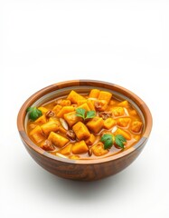 Sweet potato stew simmers in a wooden bowl, garnished with parsley