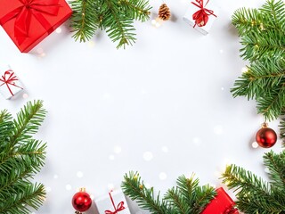 Festive holiday decorations with red gifts and pine branches on a white background. Christmas and New Year