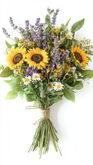 Obraz premium Summer Bouquet: A vibrant mix of sunflowers, lavender, and chamomile blossoms, tied with twine, evokes a sense of warmth, happiness, and the beauty of nature. 