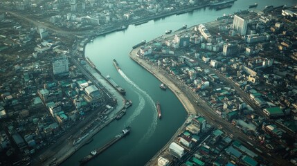 Fototapeta premium Aerial View of Urban Landscape with River, Ships, and City Structures Highlighting Infrastructure and Water Transportation in an Urban Area