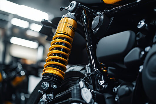 Motorcycle mechanic check and change rear shock absorbers motorcycle at motorcycle garage, repair, maintenance, and service concept