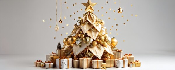 Beautifully decorated golden Christmas tree surrounded by elegantly wrapped presents for holiday celebration