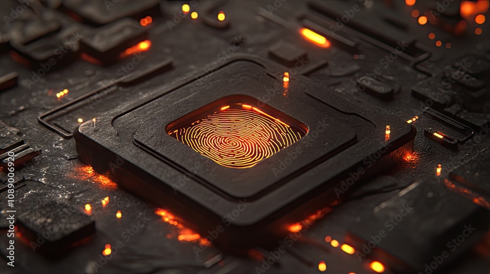 Poster a glowing fingerprint scanner interface, with intricate lines and patterns forming around the sensor
