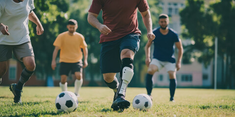 A man with a prosthetic leg playing a friendly soccer game