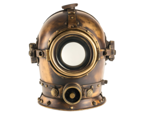 antique brass diver's helmet with circular glass window and detailed rivets isolated background vintage maritime diving equipment

