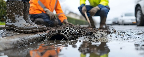 Dedicated Street Workers Unclogging Drain in Rainy Conditions - Muddy Boots and Water Pooling Amidst Overcast Sky and Debris Piling Up