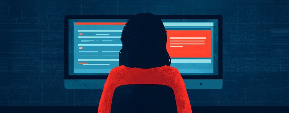A person working on a computer, coding and editing in a low-light environment with colorful screens.