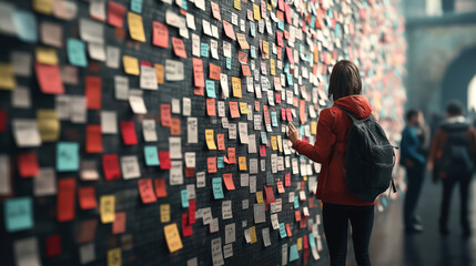 Obraz premium A person with a backpack observing a large wall covered in colorful sticky notes, each with various handwritten messages or reminders, in a bustling indoor setting.