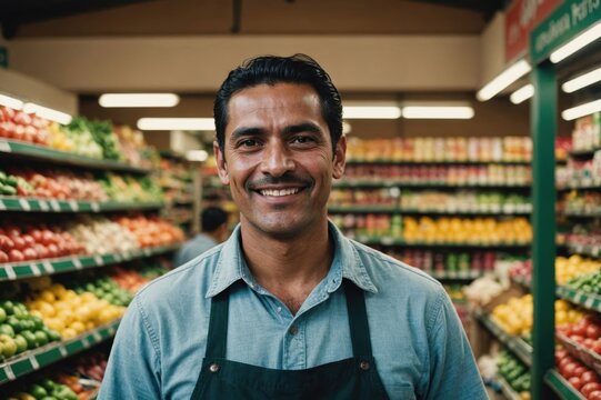 Close portrait of a smiling 40s Guatemalan male grocer standing and looking at the camera, Guatemalan grocery store blurred background