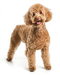 Apricot Doodle Portrait:  A cheerful apricot doodle dog stands with a playful tongue out, showcasing its curly coat and friendly demeanor.  