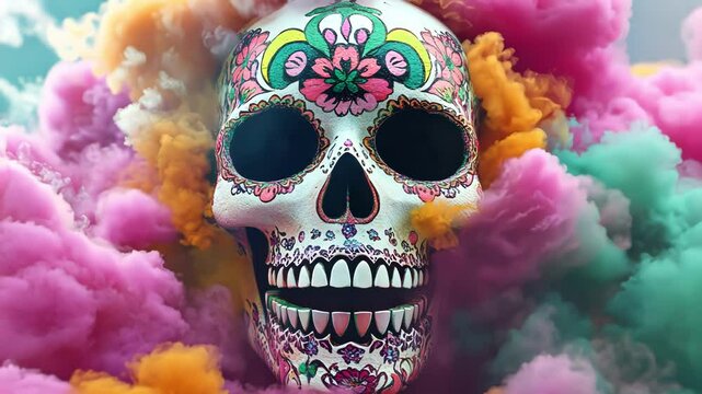 Colorful Sugar Skull Amidst Vivid Smoke
