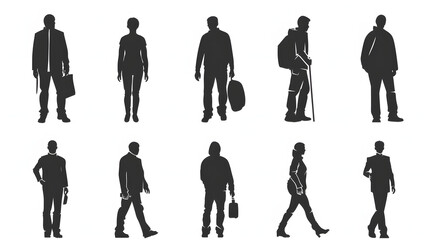 set of man icons, various poses and movements, silhouette figure stick, human pictogram, people symbol with a white accent, flat design, png