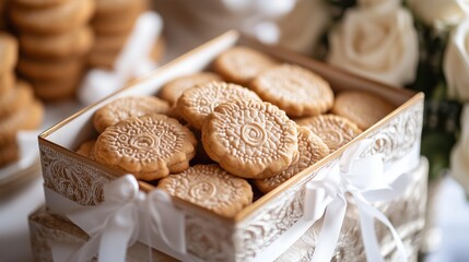 A beautifully wrapped gift box of cookies, christmas and wedding ceremony decor