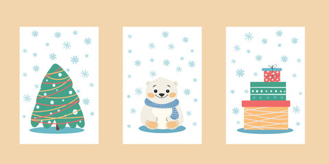 Greeting cards, Cute Baby Polar Bear with Blue Scarf, Christmas tree with garland and snowflakes, fWrapped Christmas presents, flat minimalist style, festive vector design 