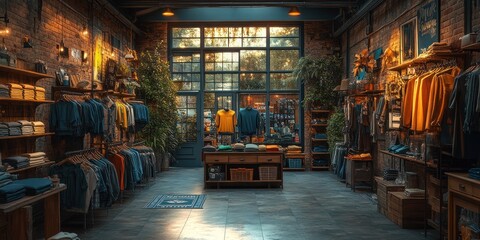 Rustic clothing boutique interior with brick walls, wooden shelves, and large windows.