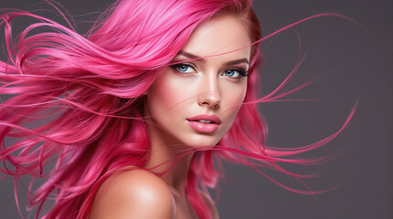 Fototapeta premium Model with pink hair poses with flowing locks, highlighting her features against a soft backdrop in a beauty shoot