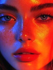 Naklejka premium A close-up portrait of a fashion model with dramatic makeup, contrasting neon red and blue lights