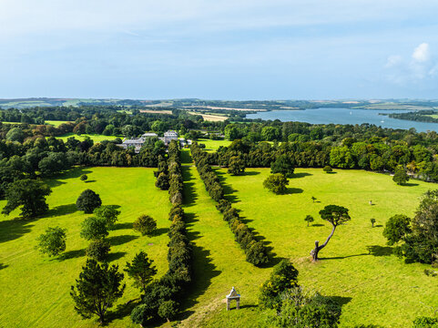 Antony House from a drone, Woodland Garden and Woodland Walk, Torpoint, Cornwall, England