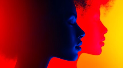A close-up portrait of a fashion model with dramatic makeup, contrasting neon red and blue lights